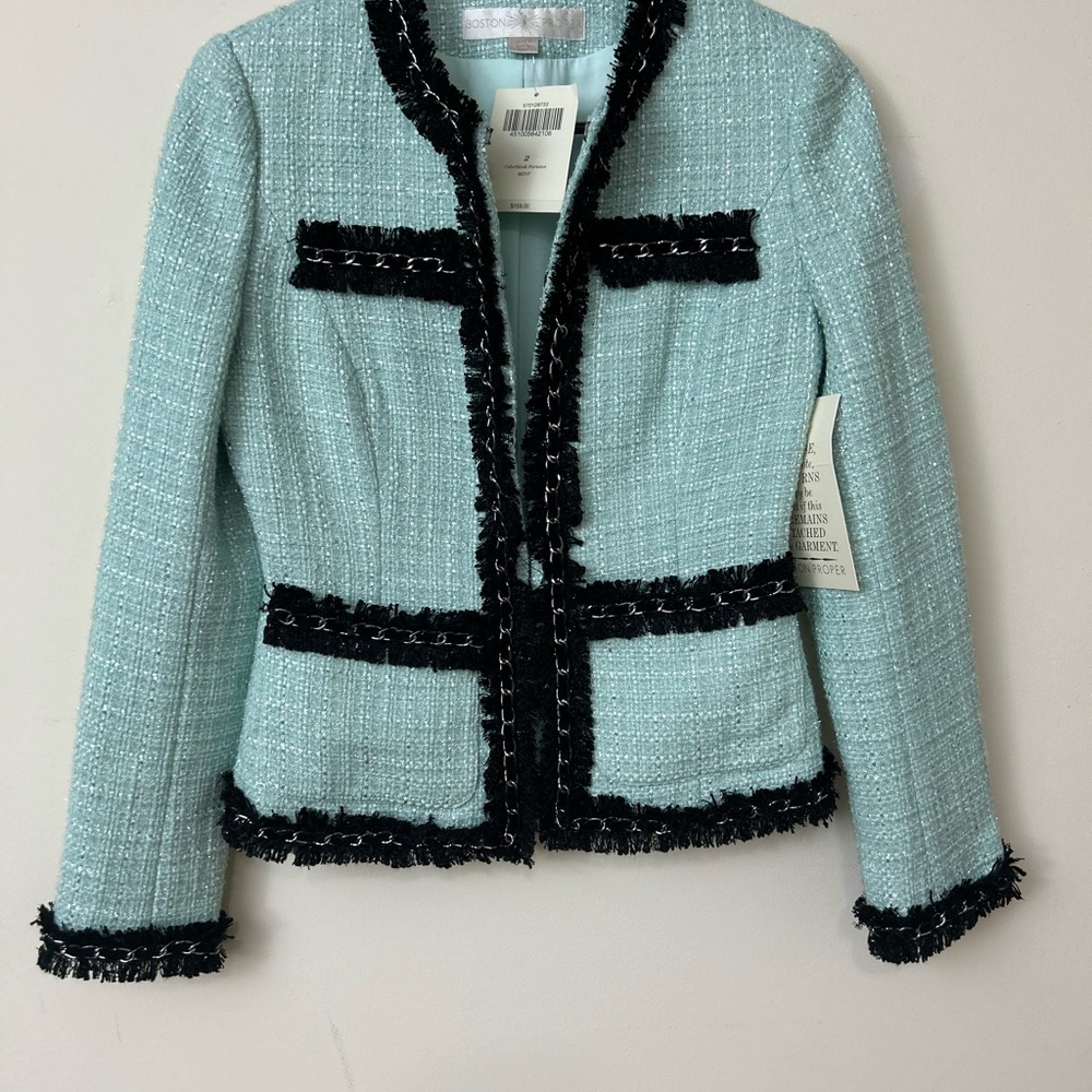 Boston Proper Light Blue Tweed Blazer with Black Trim